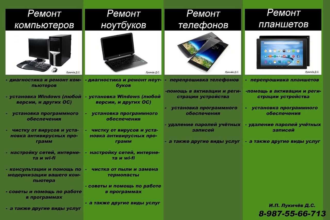 Перечень компьютеров. Ремонт компьютеров и телефонов. Ремонт компьютеров ноутбуков телефонов. Ремонт телефонов компьютеров ноутбуков планшетов. Буклет ремонт компьютеров.